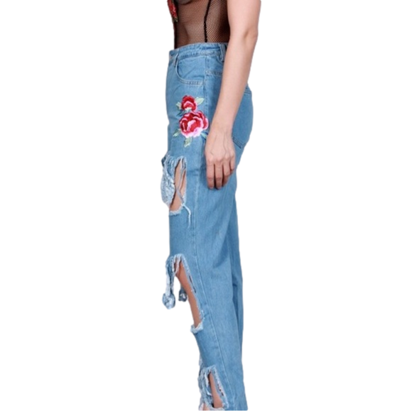 Rose Appliqué Distressed Skinny Denim Jeans - Picture 8 of 10